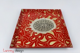 Small red square lacquer tray hand-painted with pattern 22 cm